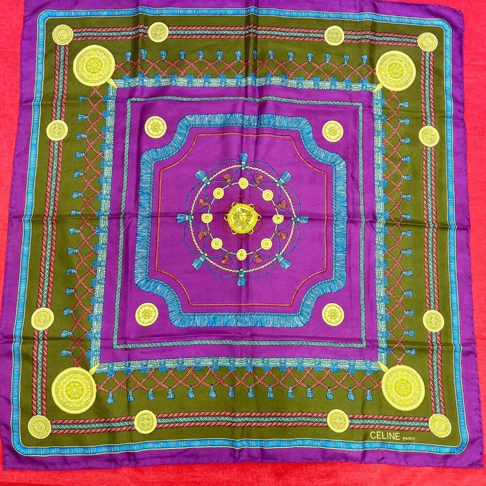 Vgt Celine Paris 100% Silk Scarf Satin 32" purple blue olive red twine tassel(44 - Picture 15 of 15